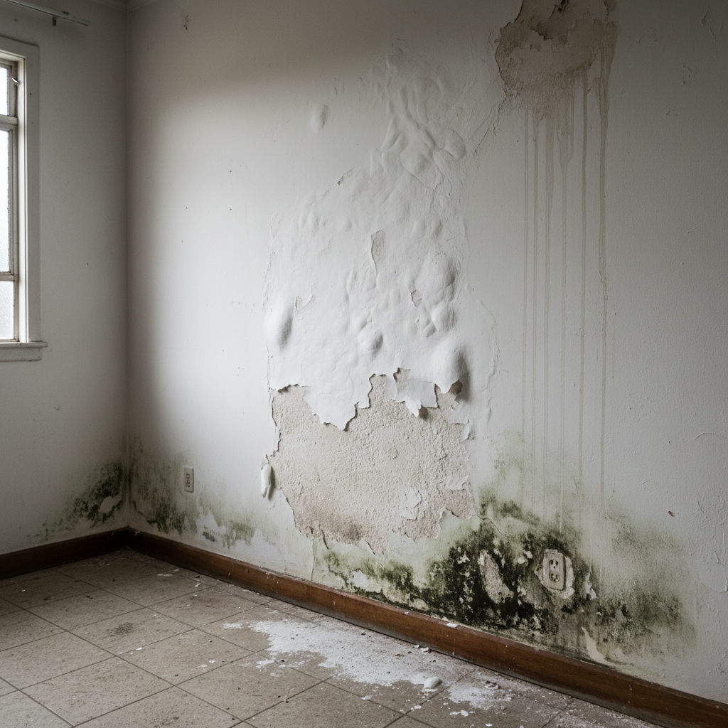 Parede com pintura descascando e manchas de umidade causada por infiltração em casa de Joinville.